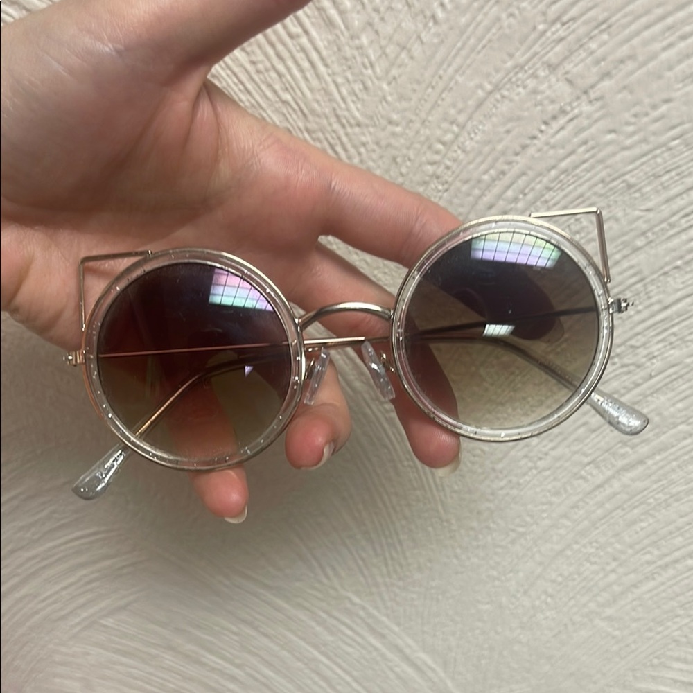 Trendy Round Cat Ears Sunglasses with Glitter Frame